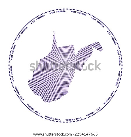 West Virginia round logo. Digital style shape of West Virginia in dotted circle with us state name. Tech icon of the us state with gradiented dots. Astonishing vector illustration.