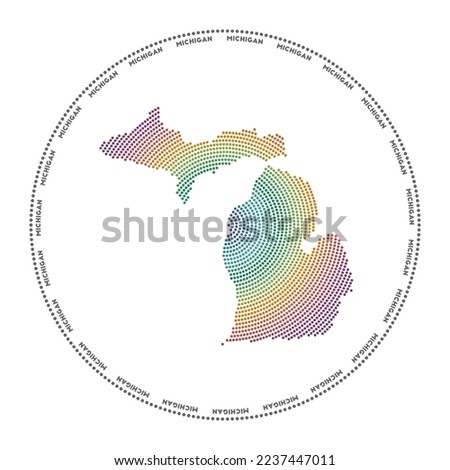 Michigan round logo. Digital style shape of Michigan in dotted circle with us state name. Tech icon of the us state with gradiented dots. Trendy vector illustration.