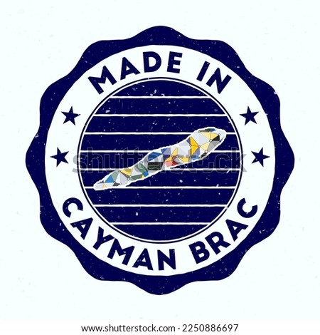 Made In Cayman Brac. island round stamp. Seal of Cayman Brac with border shape. Vintage badge with circular text and stars. Vector illustration.