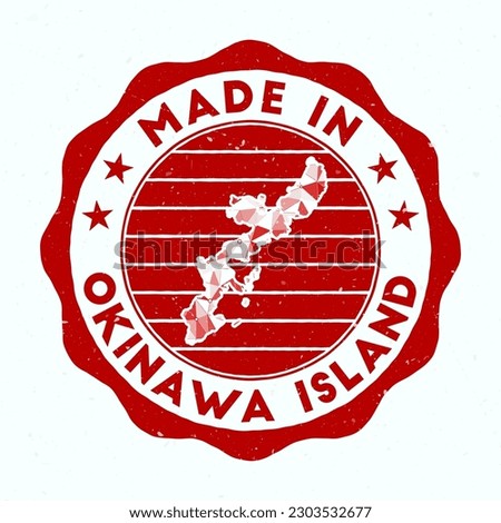 Made In Okinawa Island. Round stamp. Seal of Okinawa Island with border shape. Vintage badge with circular text and stars. Vector illustration.