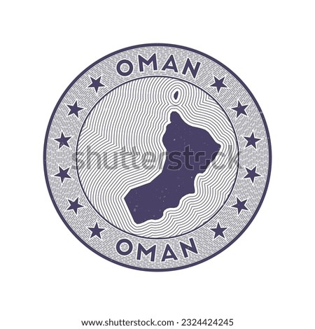 Oman round badge vector. Country round stamp with shape of Oman, isolines and circular country name. Artistic emblem. Classy vector illustration.