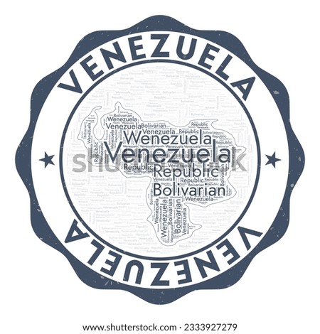 Venezuela logo. Amazing country badge with word cloud in shape of Venezuela. Round emblem with country name. Beautiful vector illustration.