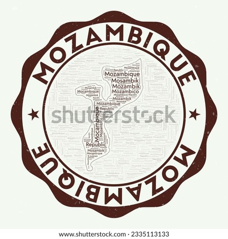 Mozambique logo. Astonishing country badge with word cloud in shape of Mozambique. Round emblem with country name. Appealing vector illustration.