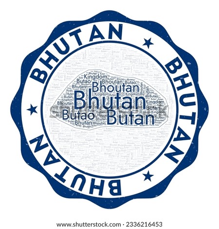 Bhutan logo. Awesome country badge with word cloud in shape of Bhutan. Round emblem with country name. Trendy vector illustration.