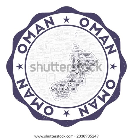 Oman logo. Artistic country badge with word cloud in shape of Oman. Round emblem with country name. Classy vector illustration.