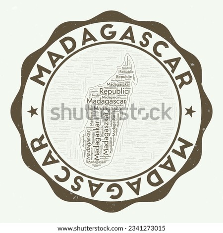 Madagascar logo. Astonishing country badge with word cloud in shape of Madagascar. Round emblem with country name. Charming vector illustration.