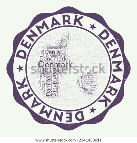 Denmark logo. Awesome country badge with word cloud in shape of Denmark. Round emblem with country name. Artistic vector illustration.