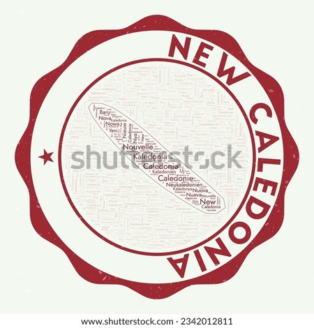 New Caledonia logo. Artistic country badge with word cloud in shape of New Caledonia. Round emblem with country name. Stylish vector illustration.