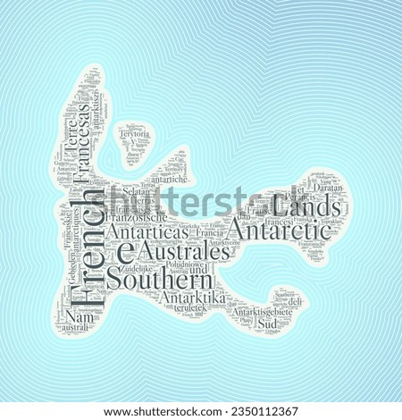 TAAF shape formed by country name in multiple languages. TAAF border on stylish striped gradient background. Vibrant poster. Radiant vector illustration.