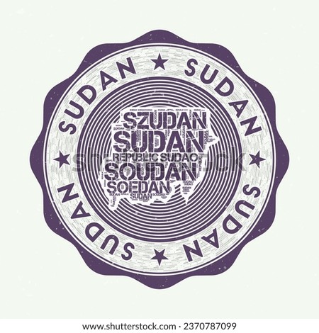 Sudan seal. Country round logo with shape of Sudan and country name in multiple languages wordcloud. Appealing emblem. Neat vector illustration.