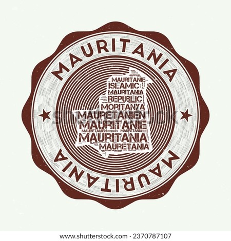 Mauritania seal. Country round logo with shape of Mauritania and country name in multiple languages wordcloud. Astonishing emblem. Amazing vector illustration.