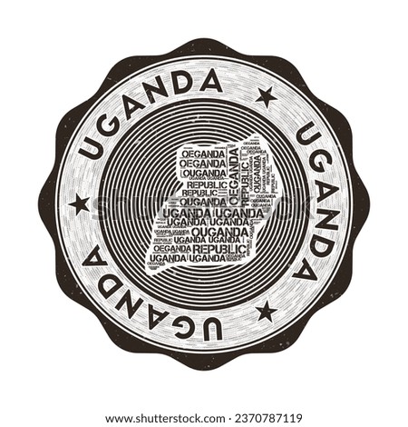 Uganda seal. Country round logo with shape of Uganda and country name in multiple languages wordcloud. Amazing emblem. Creative vector illustration.