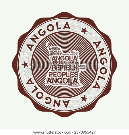 Angola seal. Country round logo with shape of Angola and country name in multiple languages wordcloud. Captivating emblem. Appealing vector illustration.