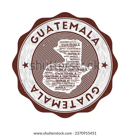Guatemala seal. Country round logo with shape of Guatemala and country name in multiple languages wordcloud. Authentic emblem. Amazing vector illustration.