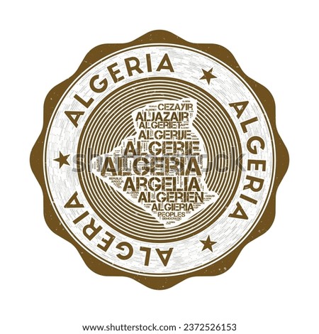Algeria seal. Country round logo with shape of Algeria and country name in multiple languages wordcloud. Awesome emblem. Amazing vector illustration.