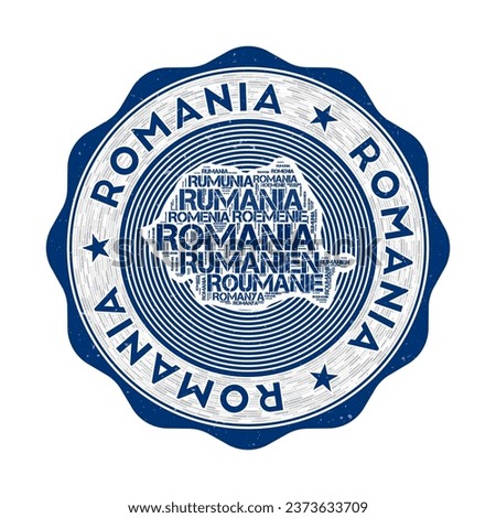 Romania seal. Country round logo with shape of Romania and country name in multiple languages wordcloud. Appealing emblem. Superb vector illustration.