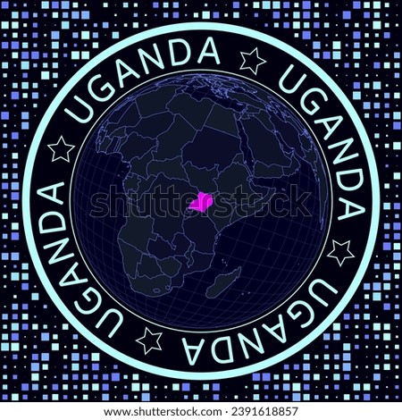 Uganda on globe vector. Futuristic satelite view of the world centered to Uganda. Geographical illustration with shape of country and squares background. Bright neon colors on dark background.