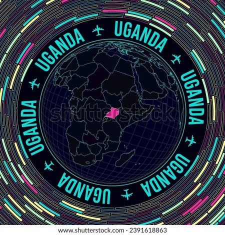 Uganda on globe. Satelite view of the world centered to Uganda. Bright neon style. Futuristic radial bricks background. Amazing vector illustration.