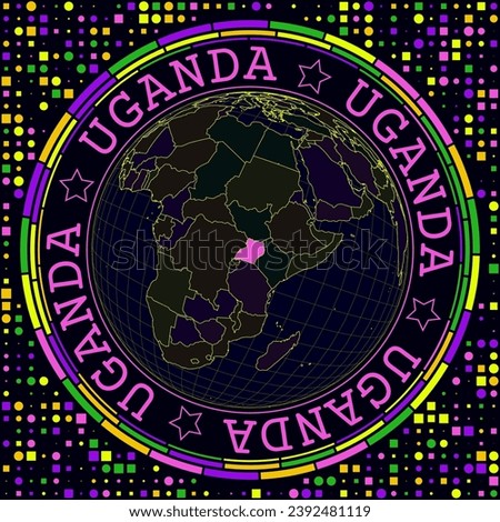 Futuristic Uganda on globe. Bright neon satelite view of the world centered to Uganda. Geographical illustration with shape of country and geometric background. Modern vector illustration.