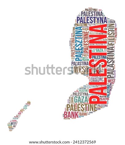 Palestine country shape word cloud. Typography style country illustration. Palestine image in text cloud style. Vector illustration.