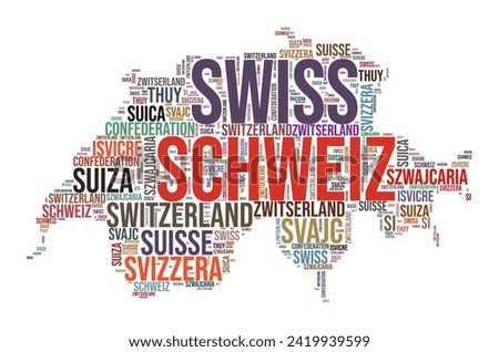 Switzerland country shape word cloud. Typography style country illustration. Switzerland image in text cloud style. Vector illustration.