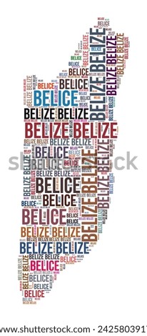 Belize country shape word cloud. Typography style country illustration. Belize image in text cloud style. Vector illustration.