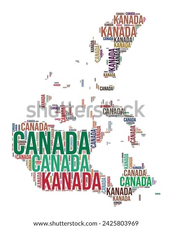 Canada country shape word cloud. Typography style country illustration. Canada image in text cloud style. Vector illustration.