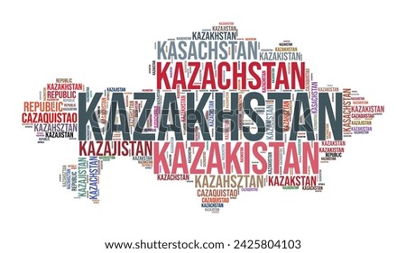 Kazakhstan country shape word cloud. Typography style country illustration. Kazakhstan image in text cloud style. Vector illustration.