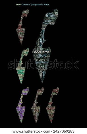 Israel. Set of typography style country illustrations. Israel map shape build of horizontal and vertical country names. Vector illustration.