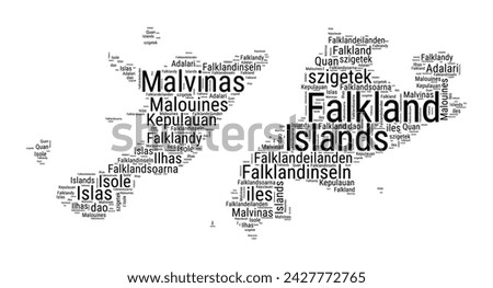 Black and white word cloud in Falklands shape. Simple typography style country illustration. Plain Falklands black text cloud on white background. Vector illustration.