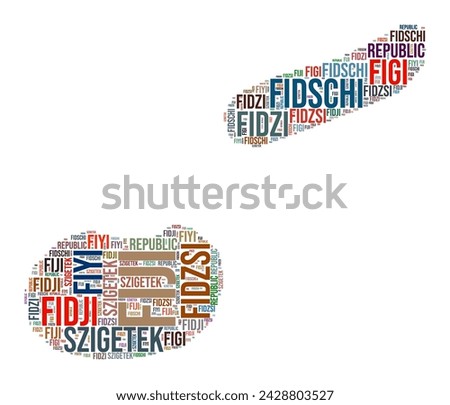 Fiji country shape word cloud. Typography style country illustration. Fiji image in text cloud style. Vector illustration.