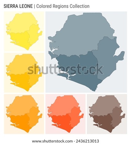 Sierra Leone map collection. Country shape with colored regions. Blue Grey, Yellow, Amber, Orange, Deep Orange, Brown color palettes. Border of Sierra Leone with provinces for your infographic.