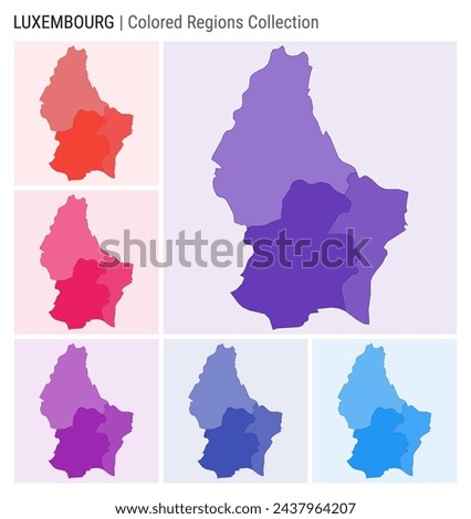 Luxembourg map collection. Country shape with colored regions. Deep Purple, Red, Pink, Purple, Indigo, Blue color palettes. Border of Luxembourg with provinces for your infographic.
