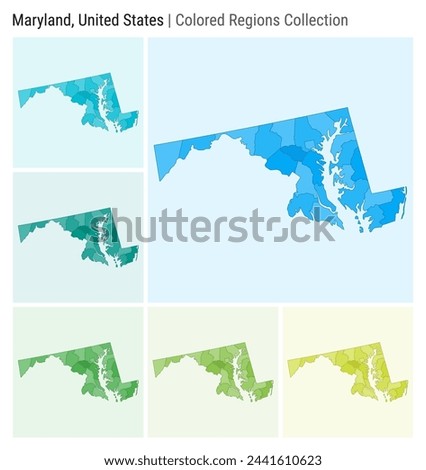 Maryland, United States. Map collection. State shape. Colored counties. Light Blue, Cyan, Teal, Green, Light Green, Lime color palettes. Border of Maryland with counties. Vector illustration.