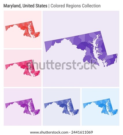 Maryland, United States. Map collection. State shape. Colored counties. Deep Purple, Red, Pink, Purple, Indigo, Blue color palettes. Border of Maryland with counties. Vector illustration.