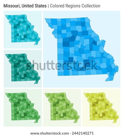 Missouri, United States. Map collection. State shape. Colored counties. Light Blue, Cyan, Teal, Green, Light Green, Lime color palettes. Border of Missouri with counties. Vector illustration.