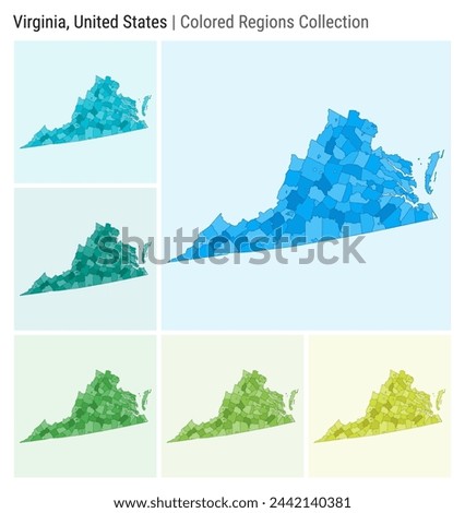Virginia, United States. Map collection. State shape. Colored counties. Light Blue, Cyan, Teal, Green, Light Green, Lime color palettes. Border of Virginia with counties. Vector illustration.