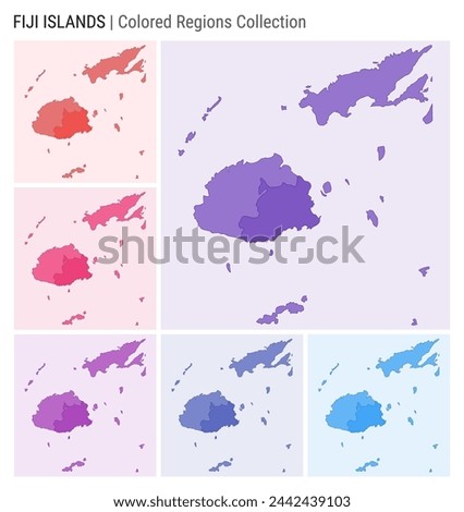Fiji map collection. Country shape with colored regions. Deep Purple, Red, Pink, Purple, Indigo, Blue color palettes. Border of Fiji with provinces for your infographic. Vector illustration.