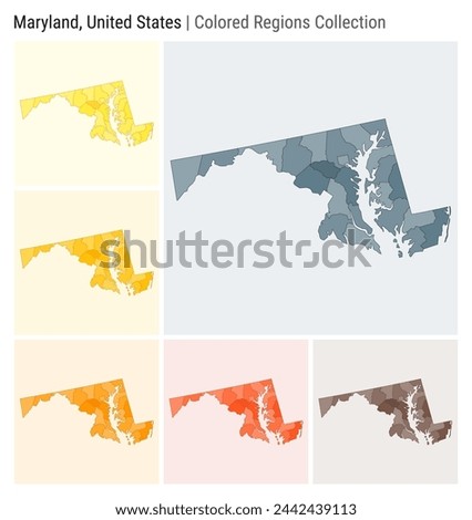 Maryland, United States. Map collection. State shape. Colored counties. Blue Grey, Yellow, Amber, Orange, Deep Orange, Brown color palettes. Border of Maryland with counties. Vector illustration.