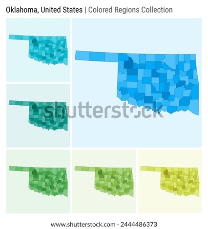 Oklahoma, United States. Map collection. State shape. Colored counties. Light Blue, Cyan, Teal, Green, Light Green, Lime color palettes. Border of Oklahoma with counties. Vector illustration.