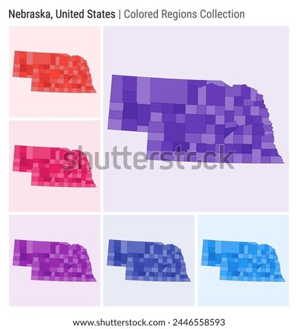 Nebraska, United States. Map collection. State shape. Colored counties. Deep Purple, Red, Pink, Purple, Indigo, Blue color palettes. Border of Nebraska with counties. Vector illustration.