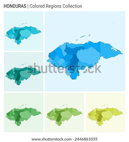 Honduras map collection. Country shape with colored regions. Light Blue, Cyan, Teal, Green, Light Green, Lime color palettes. Border of Honduras with provinces for your infographic.