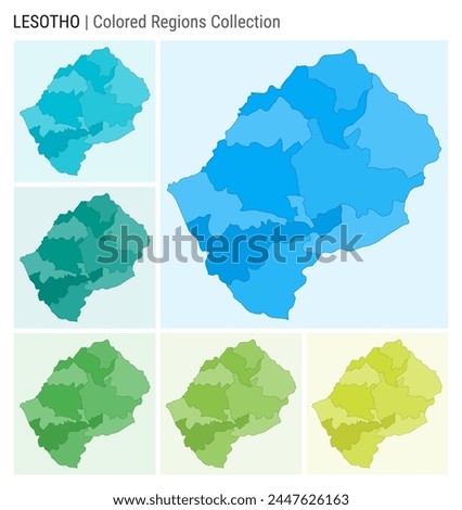 Lesotho map collection. Country shape with colored regions. Light Blue, Cyan, Teal, Green, Light Green, Lime color palettes. Border of Lesotho with provinces for your infographic. Vector illustration.