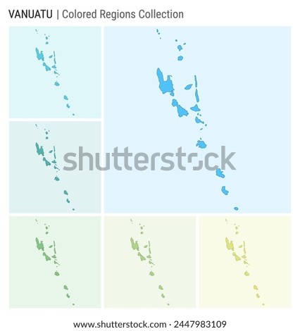 Vanuatu map collection. Country shape with colored regions. Light Blue, Cyan, Teal, Green, Light Green, Lime color palettes. Border of Vanuatu with provinces for your infographic. Vector illustration.