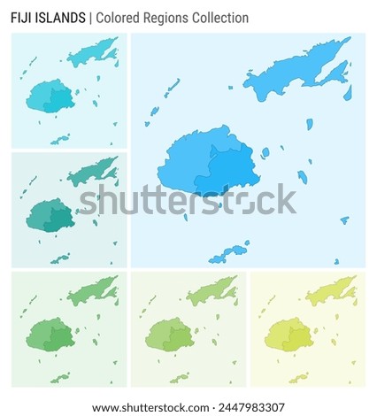 Fiji map collection. Country shape with colored regions. Light Blue, Cyan, Teal, Green, Light Green, Lime color palettes. Border of Fiji with provinces for your infographic. Vector illustration.