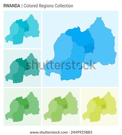 Rwanda map collection. Country shape with colored regions. Light Blue, Cyan, Teal, Green, Light Green, Lime color palettes. Border of Rwanda with provinces for your infographic. Vector illustration.