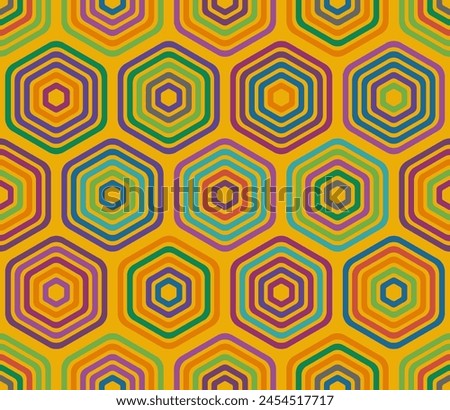 Geometric template background. Bold rounded stacked hexagons mosaic pattern. Large hexagons. Multiple tones color palette. Seamless pattern. Tileable vector illustration.