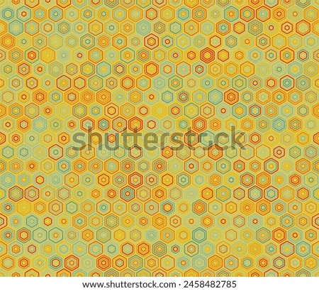 Hexagonal pattern background. Bold stacked rounded hexagons mosaic cells. Hexagon geometric shapes. Multiple tones color palette. Seamless pattern. Tileable vector illustration.