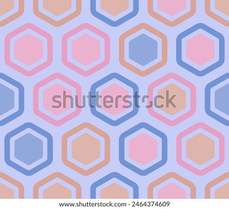 Abstract Mosaic Background. Bold rounded hexagon cells with padding and inner solid cells. Large hexagons. Multiple tones color palette. Seamless pattern. Tileable vector illustration.