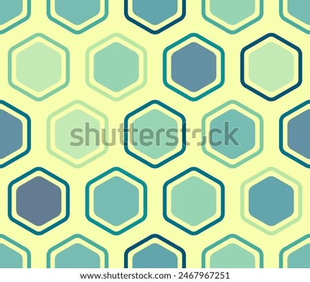 Geometric pattern. Bold rounded hexagons mosaic cells with padding and inner solid cells. Large hexagons. Multiple tones color palette. Seamless pattern. Tileable vector illustration.